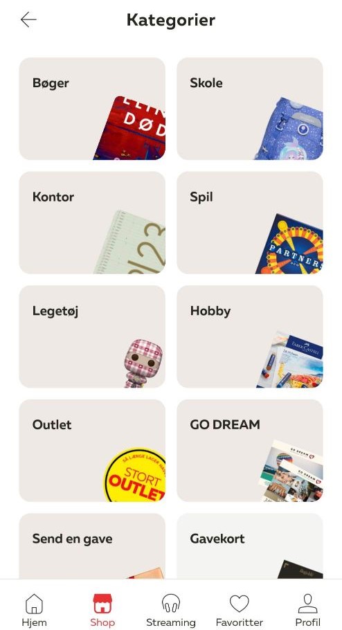 Bog og Ide app shoppingkategorier